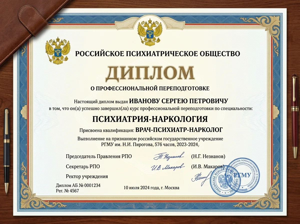 Диплом члена Российского общества психиатров, официальный документ организации, наркологическая специализация